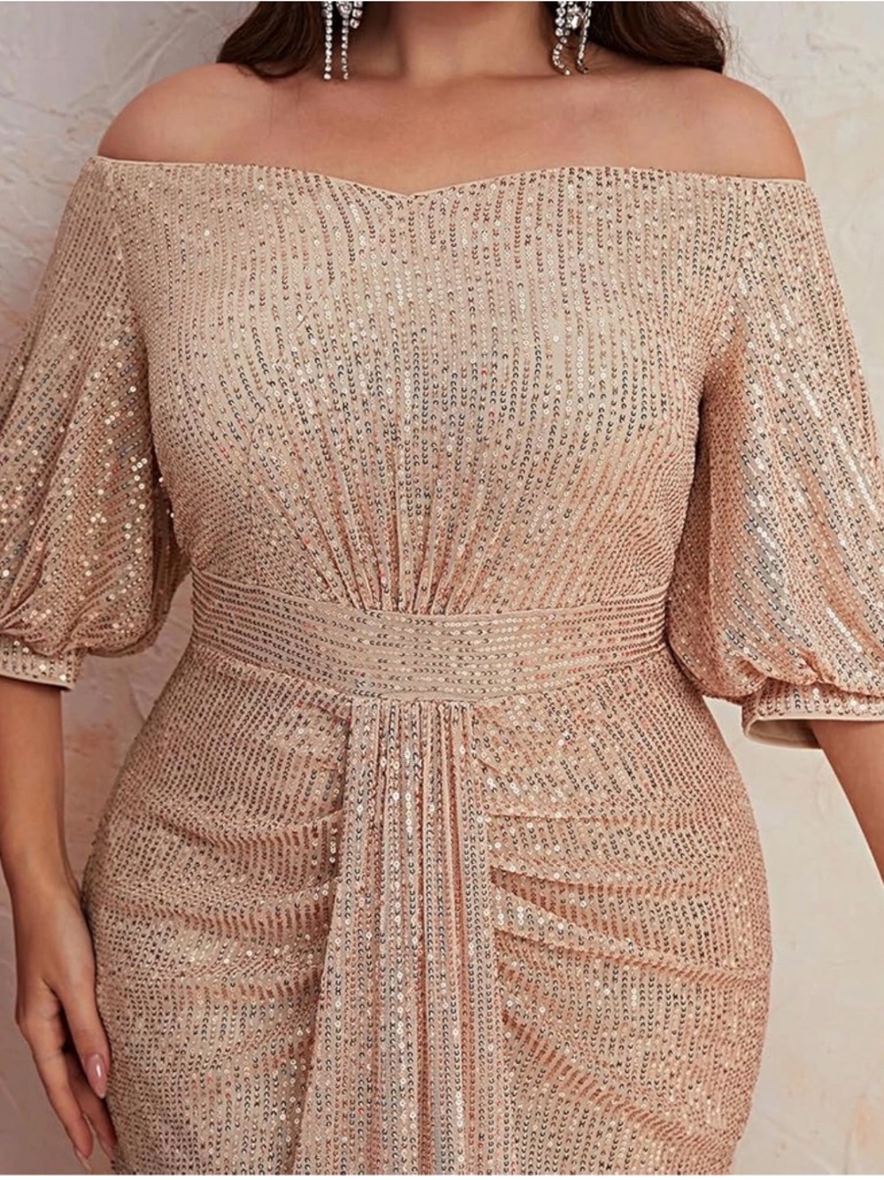 Off-Shoulder Sequin Gown in Champagne Blush NWT - Picture 3 of 10